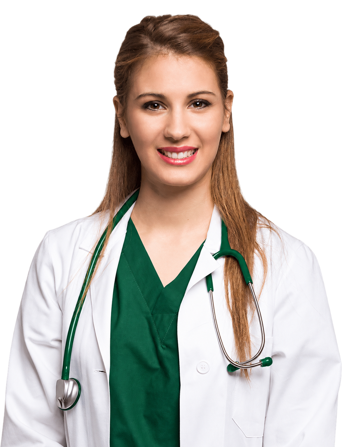 Doctor wearing green scrubs and a white coat
