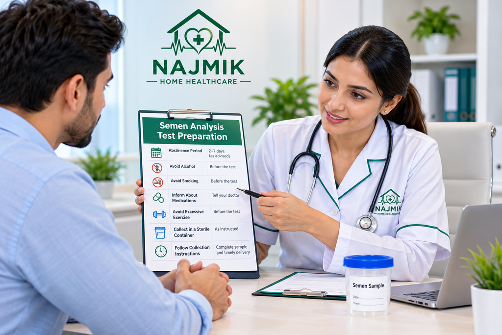 Semen analysis in Dubai – private male fertility consultation at Najmik Home Healthcare