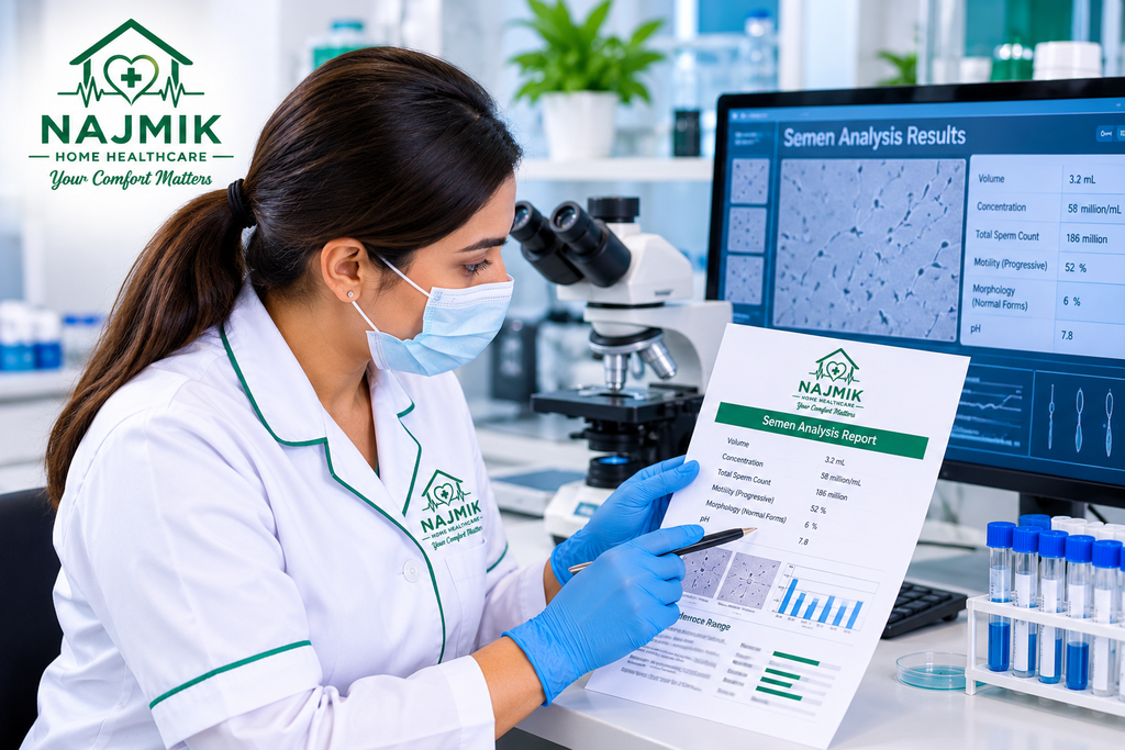 Laboratory assessment for semen analysis results | Najmik Home Healthcare Dubai